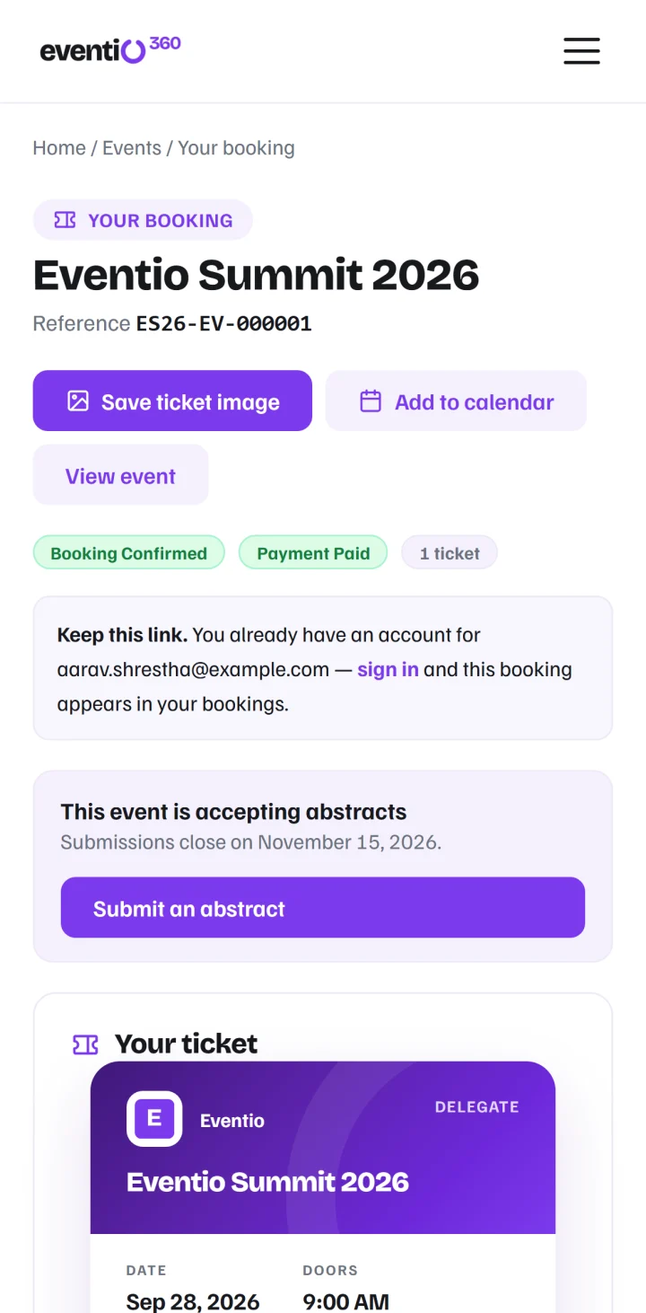 An attendee booking page with the ticket and its status
