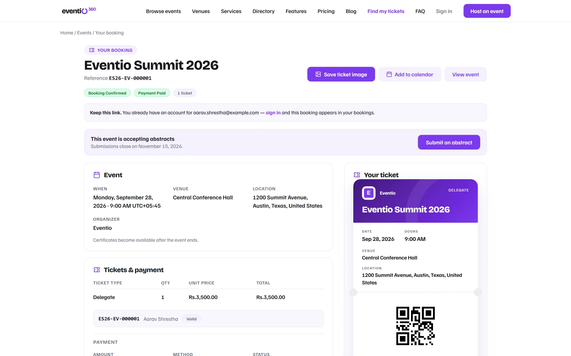 Attendee booking page with the ticket, invoice and Add to calendar