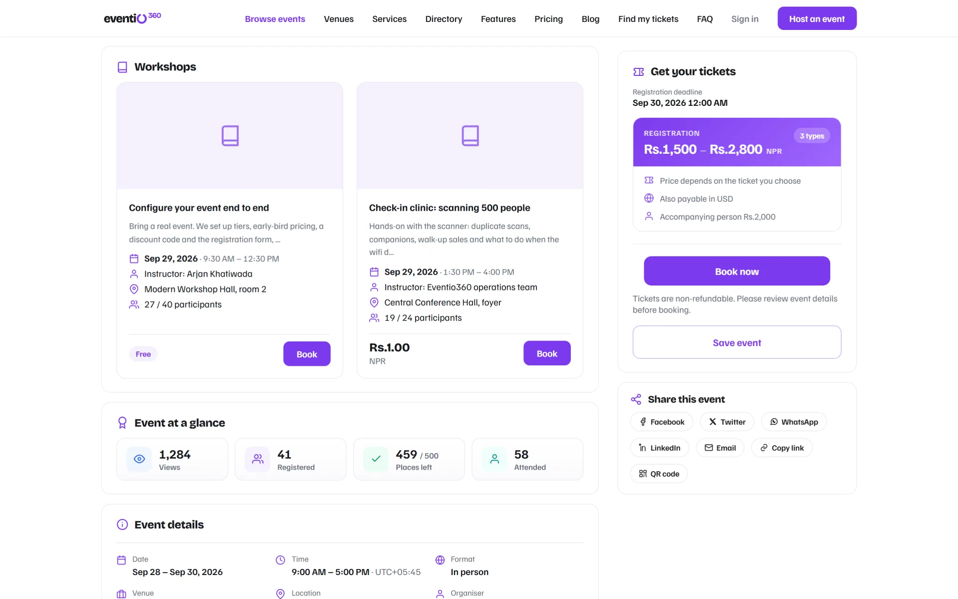 Workshops on an event page with places left