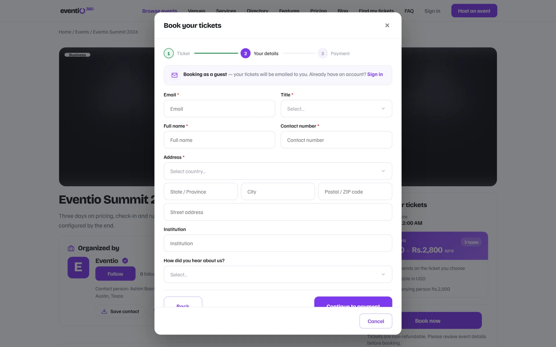 The registration form an attendee sees when booking as a guest