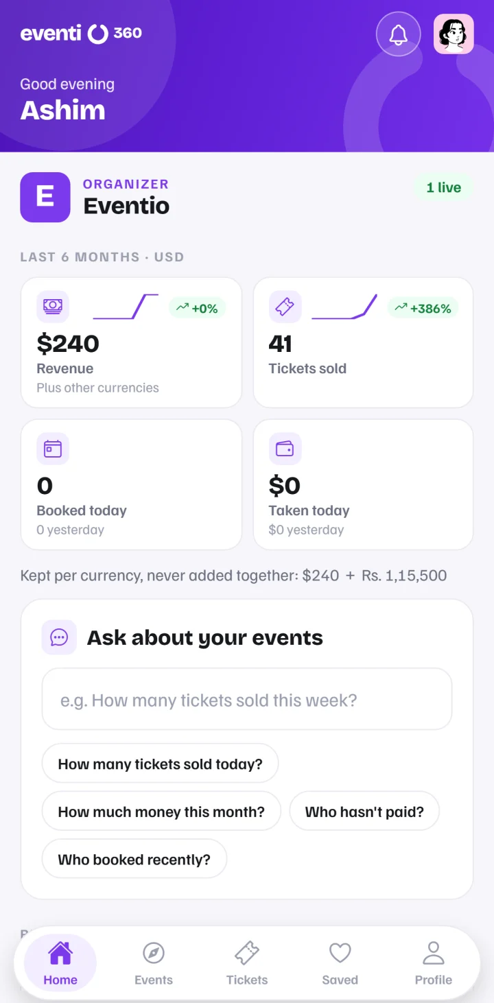The organiser dashboard in the Eventio360 app