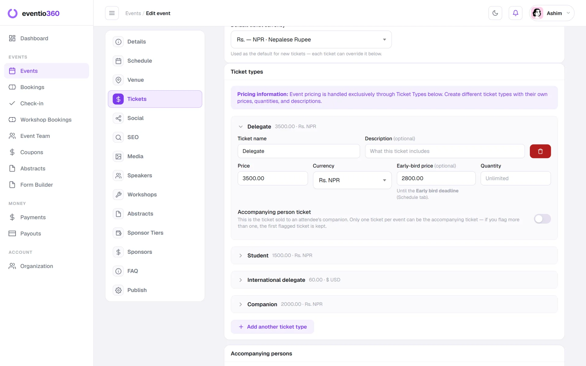 Ticket type settings with price, currency and early-bird price