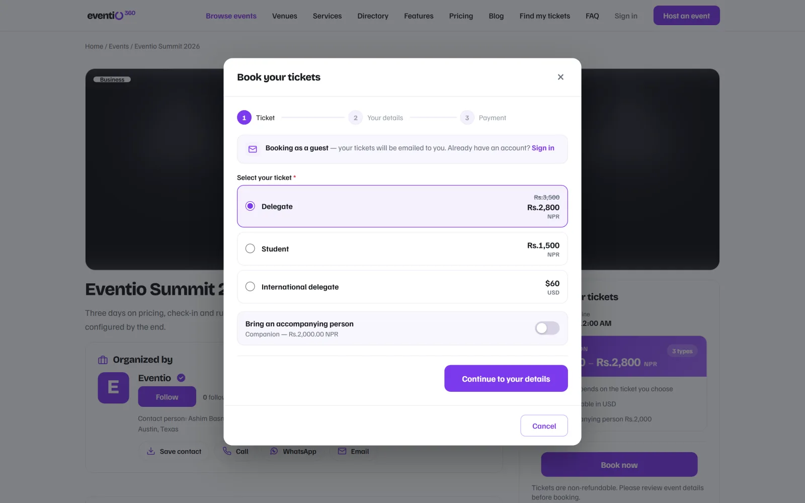 Ticket selection showing an early-bird price and tiers in two currencies