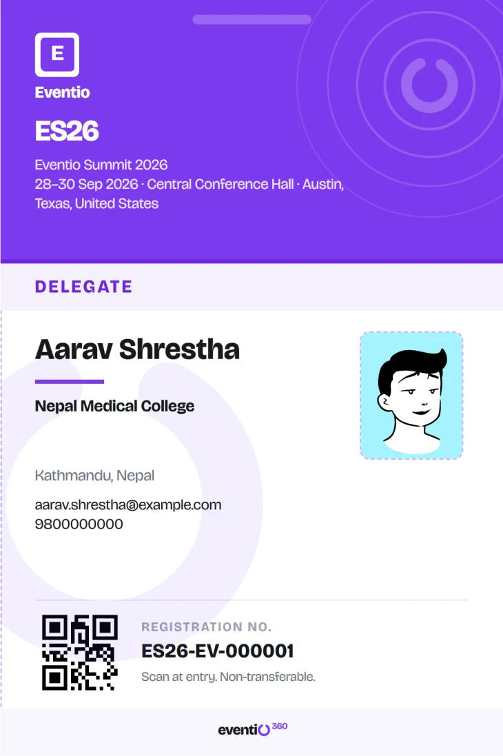 A printed conference name badge generated from registration answers