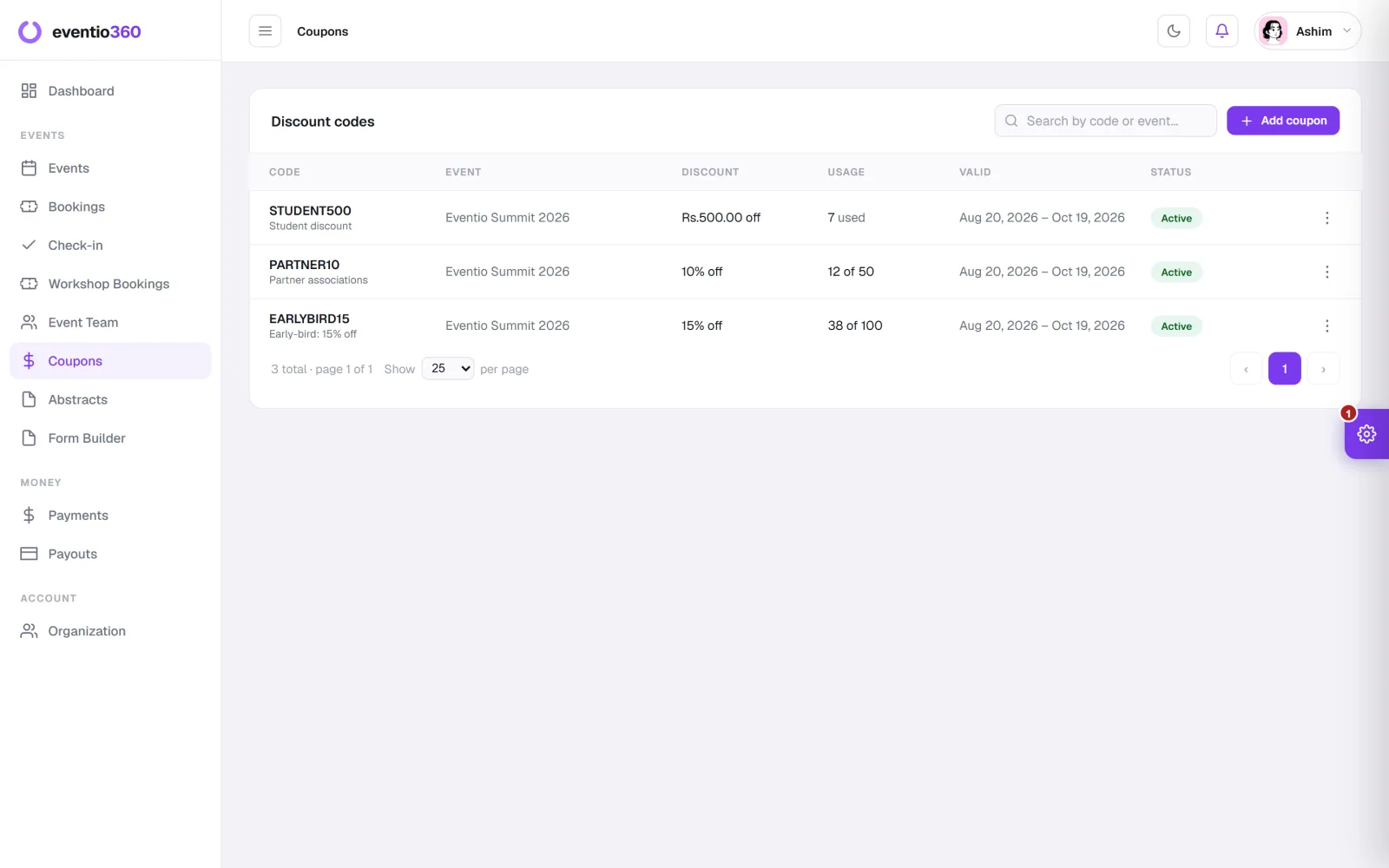 Partner discount codes with usage counts