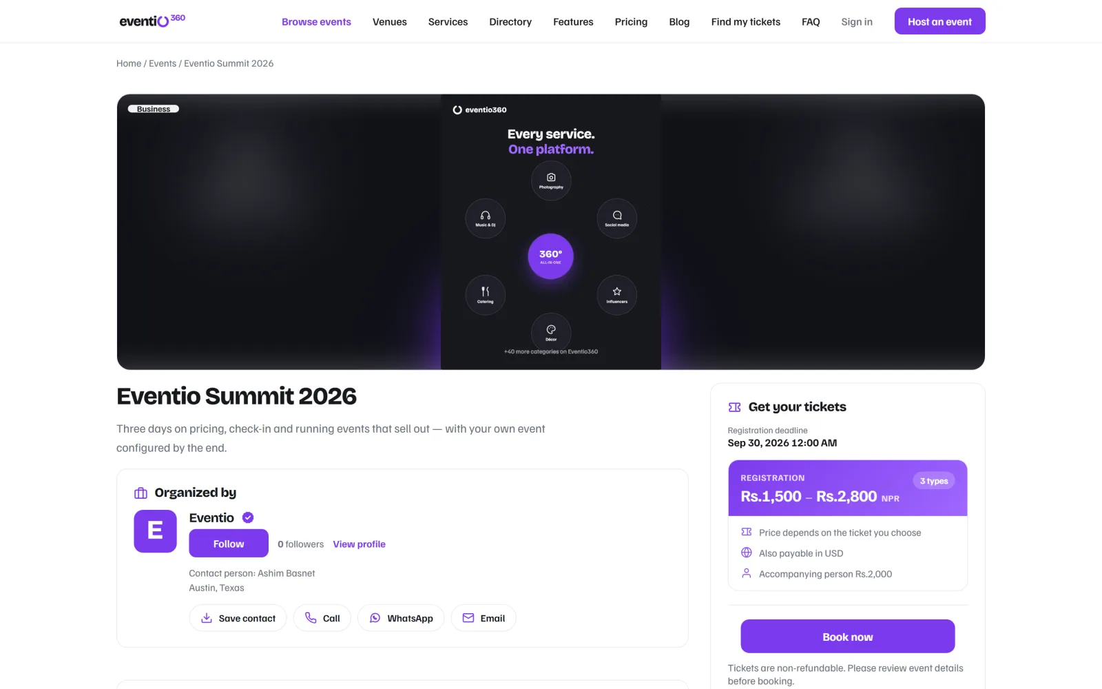 A published event page with programme, organiser and ticket box