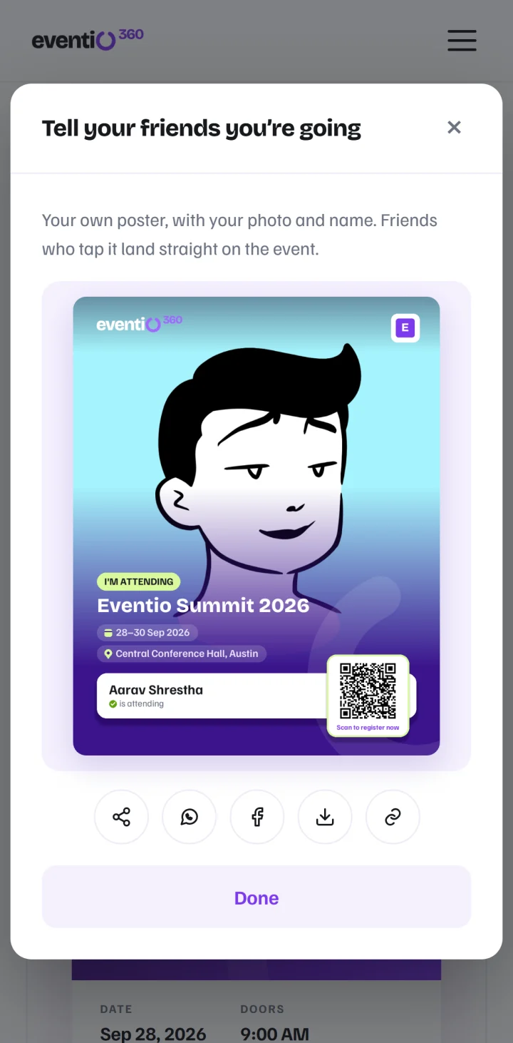 An "I'm attending" poster with the attendee's photo, ready to share