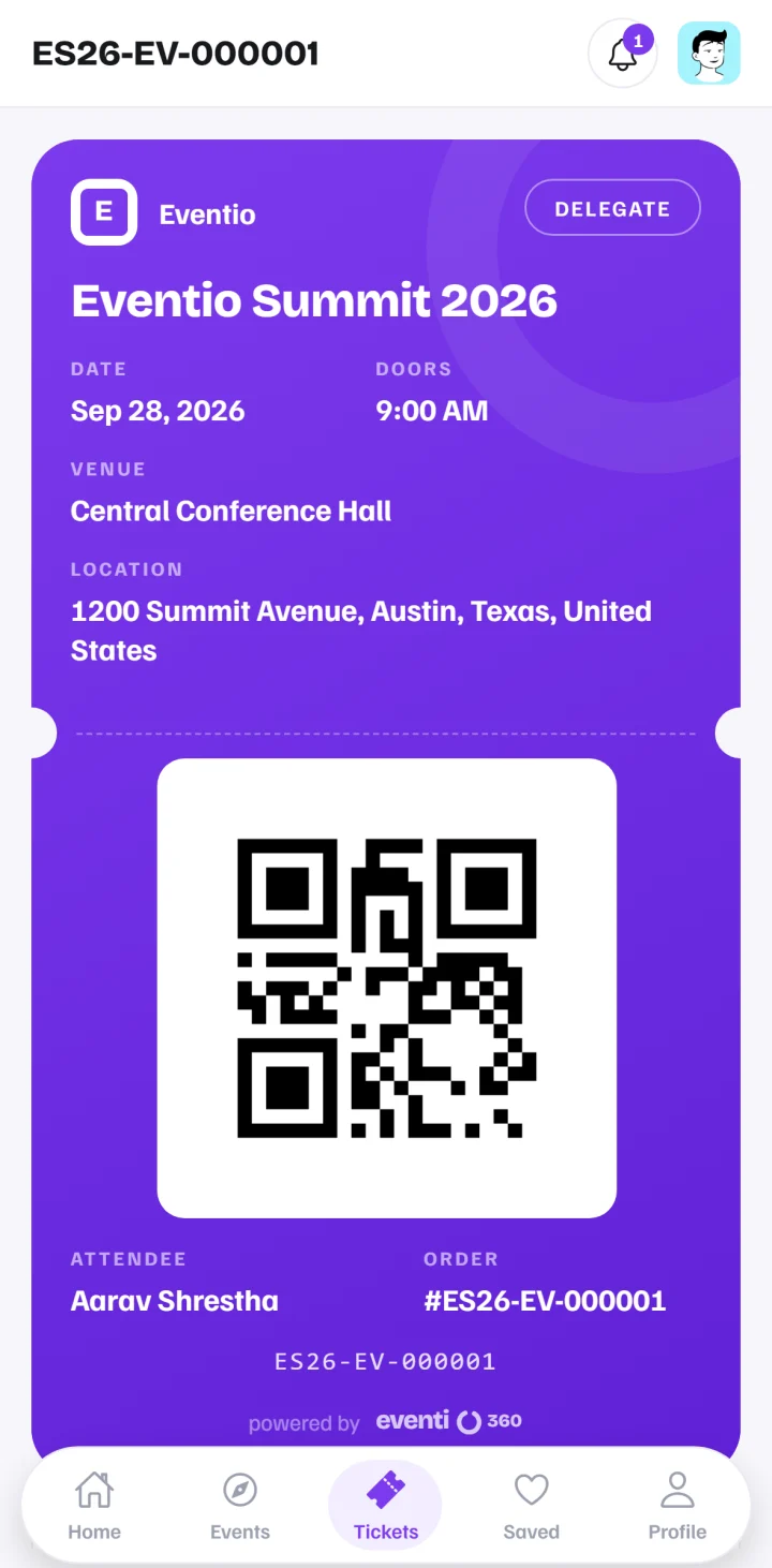 A mobile ticket with its QR code in the Eventio360 app