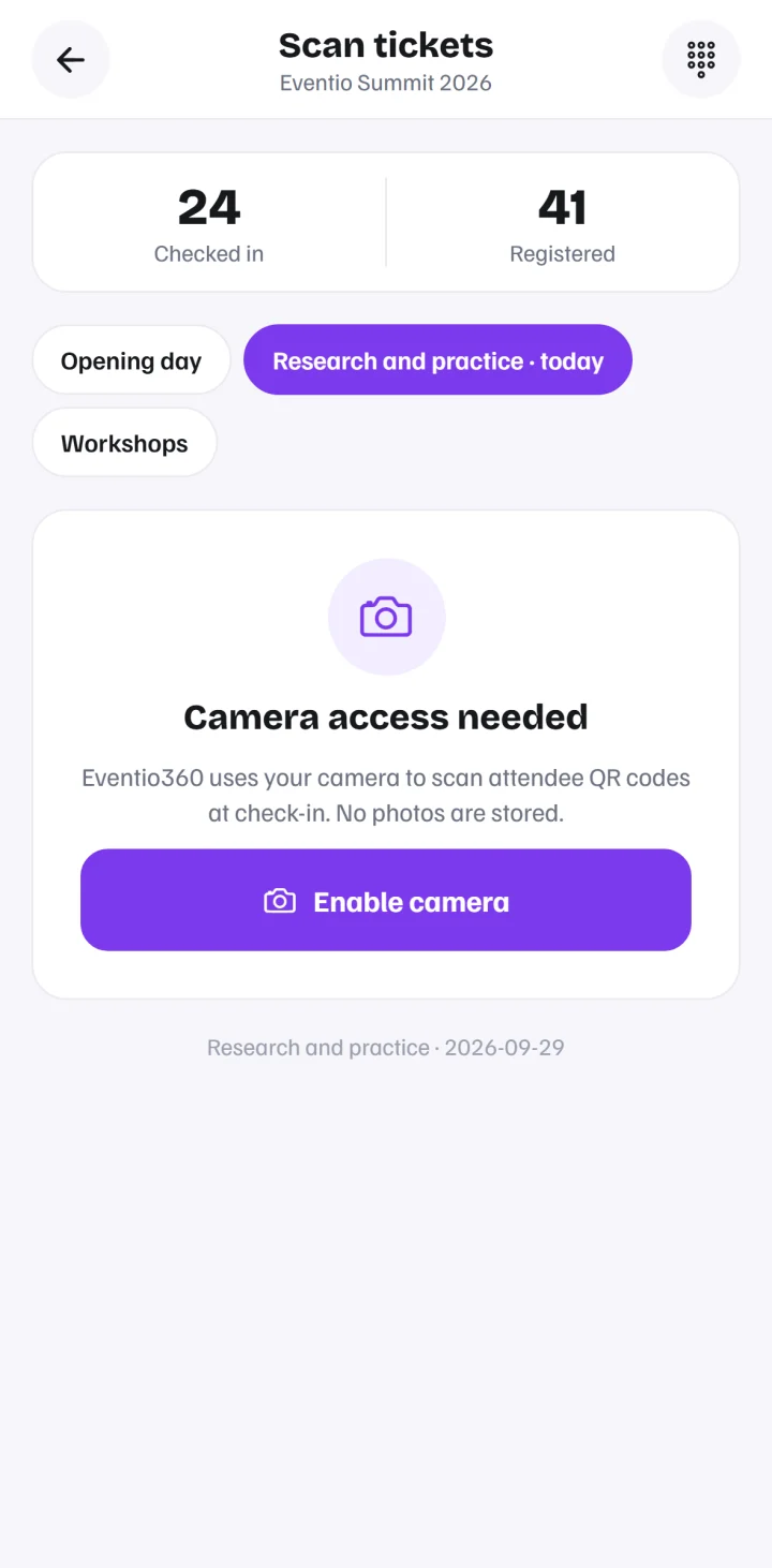 Per-day check-in for a multi-day conference