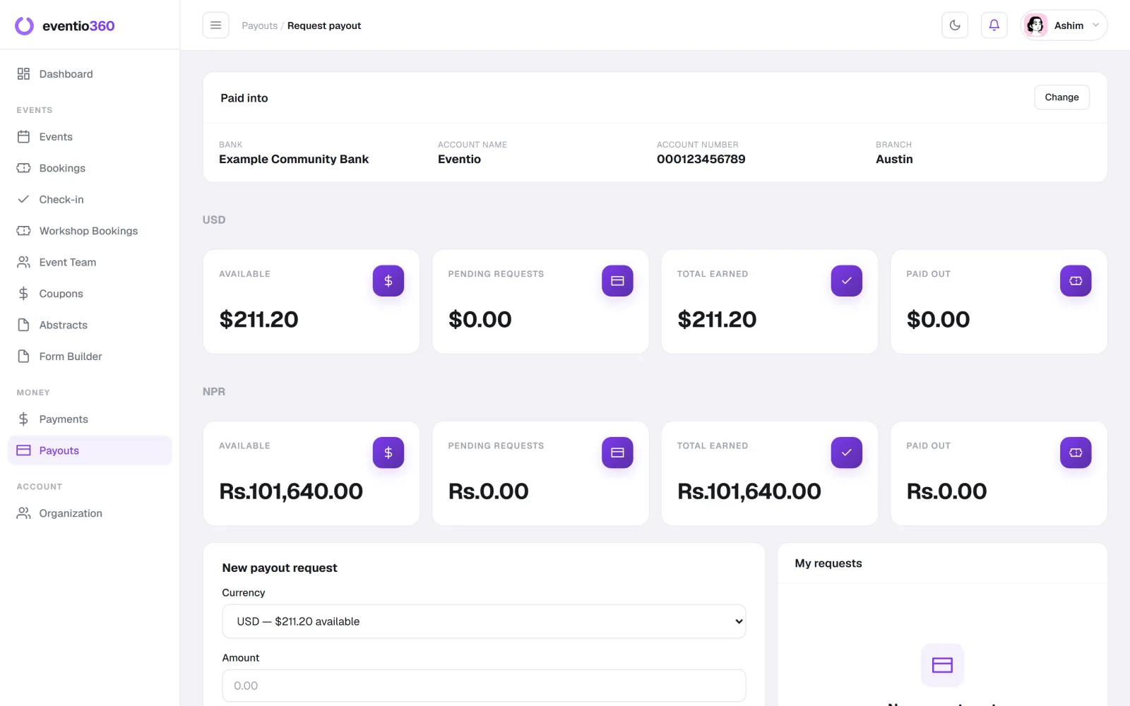 The payout request form with the available balance per currency