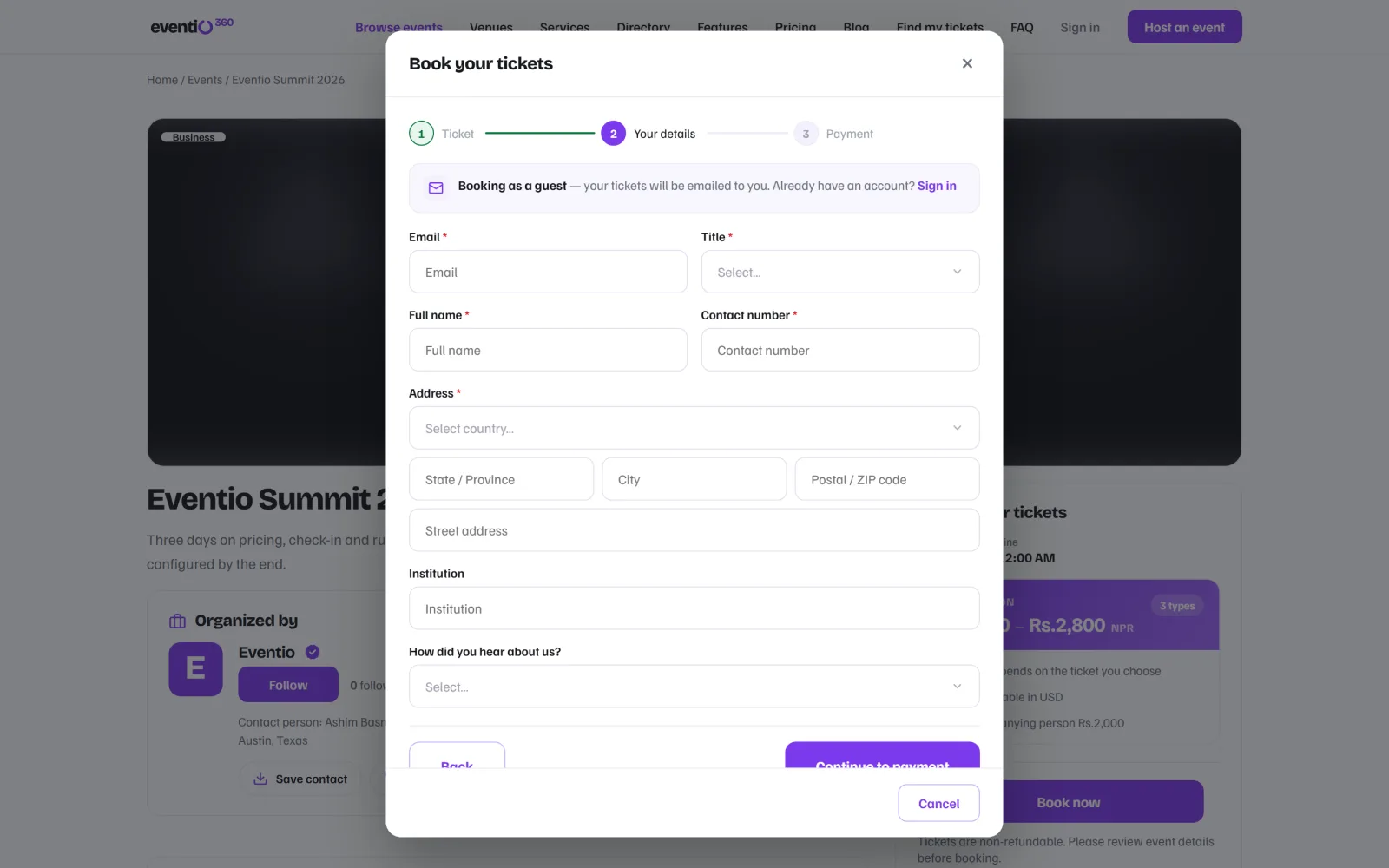 The registration form as an attendee sees it, booking as a guest