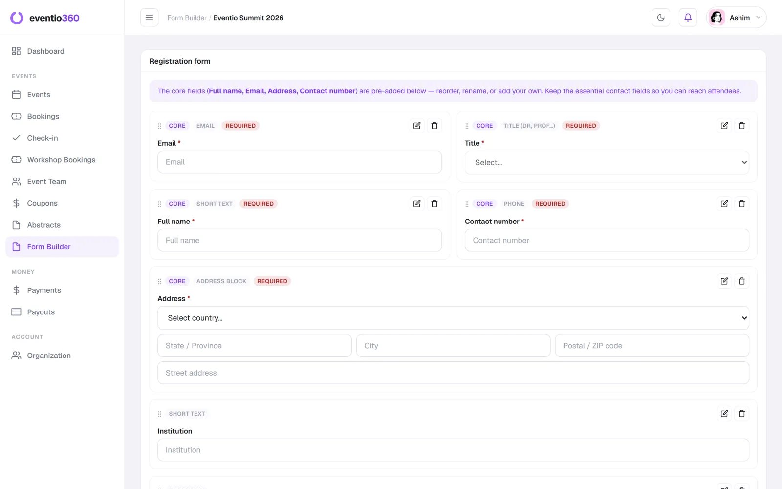 Event registration form builder with custom questions