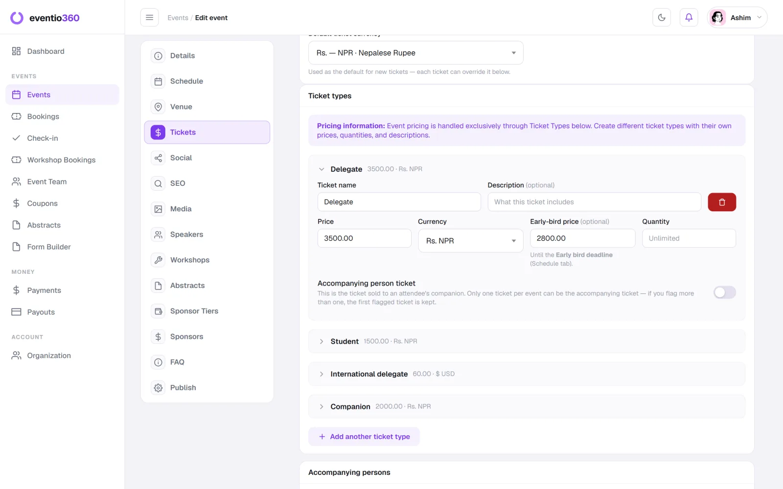 Setting up ticket types with price, currency and an early-bird price in Eventio360